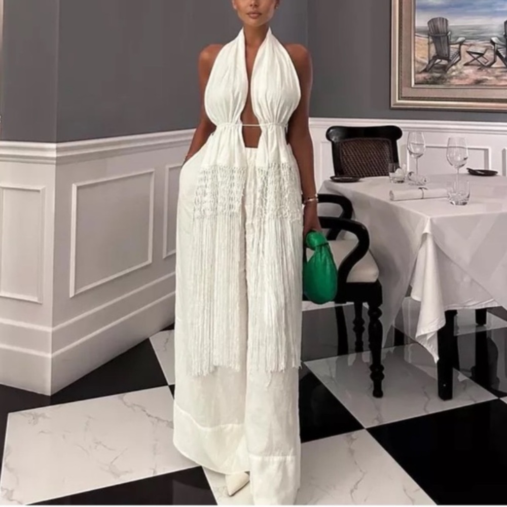 ZARA White Linen Macrame Eonen Backless Halter Top NWT - Picture 2 of 16